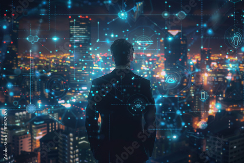 A man in a suit is looking out over a city at night
