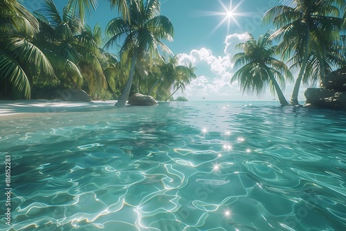 Crystal-clear turquoise water laps at pristine white sand beneath a grove of swaying palm trees. Sunbeams shimmer on the water's surface. photo
