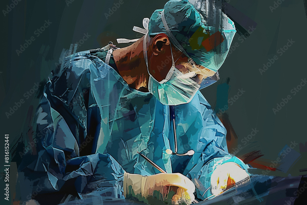 A painting of a surgeon with a stethoscope around his neck A painting of a surgeon with a stethoscope around his neck