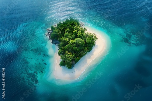 A breathtaking aerial view of a heart-shaped island paradise. Lush palm trees fringe the white sand beach, and crystal-clear water surrounds it.