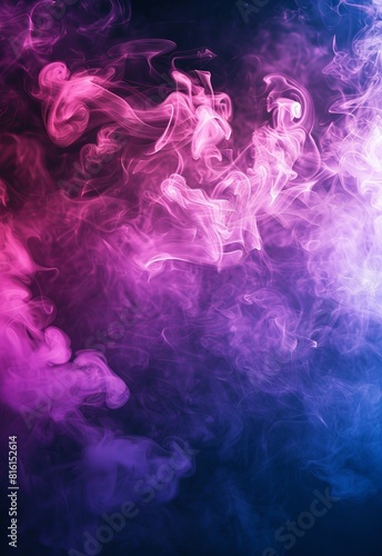 The image features a vibrant mixture of pink and blue abstract smoke patterns swirling against a dark background  invoking a sense of mystery and artistry