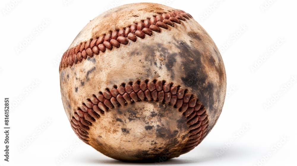 Detailed view of a discolored, aged baseball, emphasizing its texture and feel, set against a white background Detailed view of a discolored, aged baseball, emphasizing its texture and feel, set against a white background