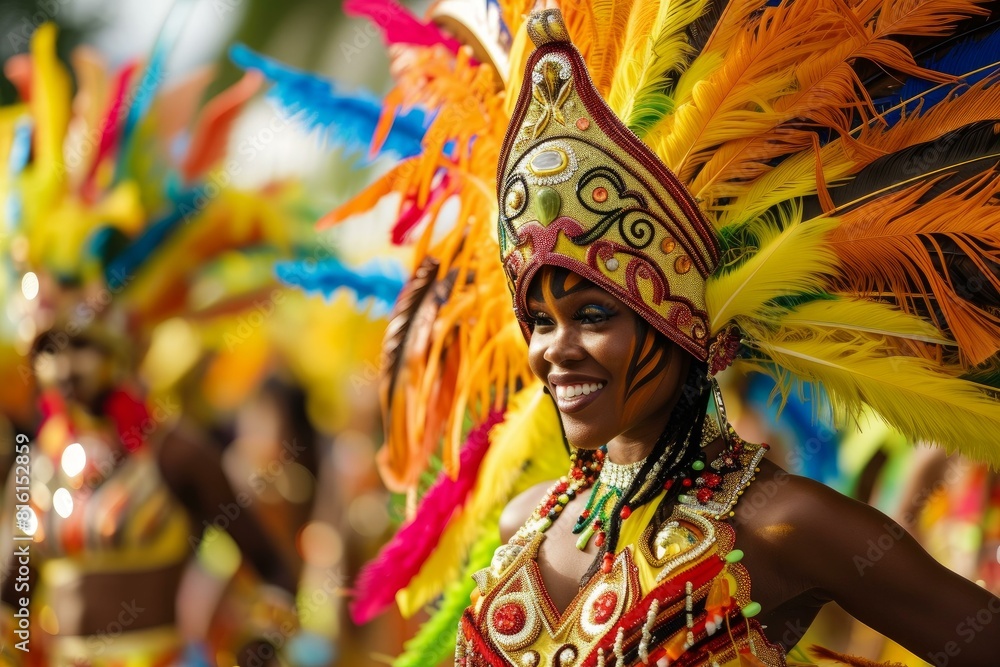 Joyful female dancer in a vibrant feathered costume celebrating at a carnival parade Joyful female dancer in a vibrant feathered costume celebrating at a carnival parade