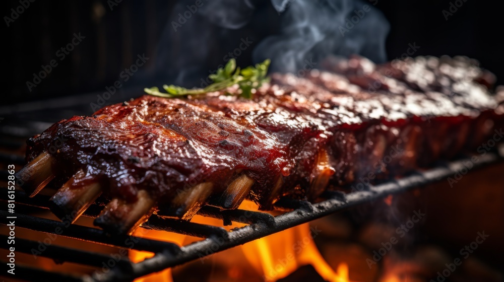 Close-up image showcasing juicy seasoned barbecue ribs cooking over glowing coals with smoke rising Close-up image showcasing juicy seasoned barbecue ribs cooking over glowing coals with smoke rising