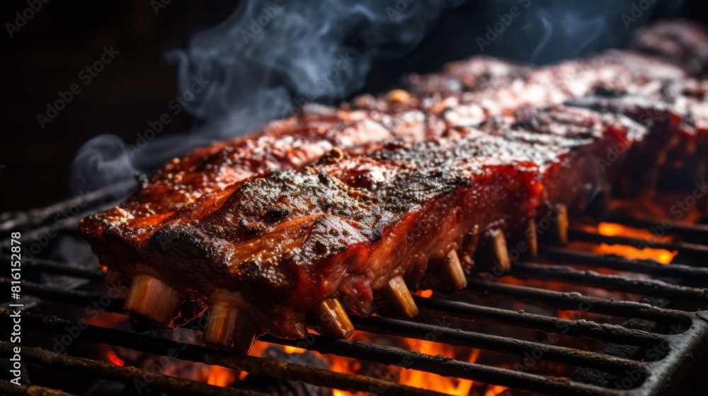 The image captures succulent slow-cooked ribs over an open flame, reflecting a tradition of barbecue The image captures succulent slow-cooked ribs over an open flame, reflecting a tradition of barbecue