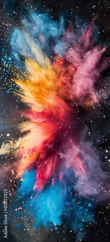 A dynamic artwork featuring a colorful explosion reminiscent of a cosmic event or nebula in space  with vivid hues and speckled stars