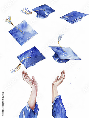watercolor illustration of hands throwing up blue graduation caps into the air, against a white background, with high detail and resolution in the digital image. The hand drawn details are in the styl