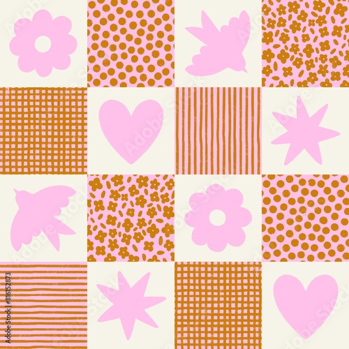 Trendy y2k checks print with neon pink symbols and golden textures. Hipster seamless pattern illustration