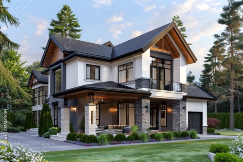 Front view of contemporary two-story residence with timber gable rooftop and light walls, rendered in 3d. Lush grass yard, garage access, and surrounding trees in the backdrop
