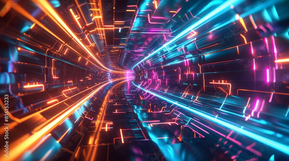 Obraz premium Digital wallpaper featuring an abstract composition of illuminated tunnel pathways with captivating lines, creating a visually dynamic and futuristic design that draws hyper realistic 