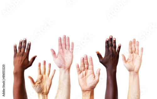 Diverse raised hands of different skin tones. Many hands up isolated on white background