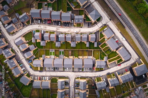 Aerial view directly above a new build housing estate in the UK photo