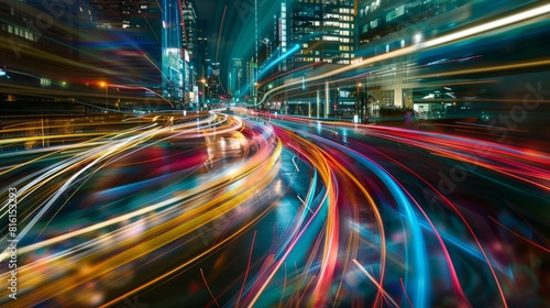Dynamic urban lights  long exposure reveals swirling trails in the night  an abstract vision of speed and movement  AI Generative hyper realistic 