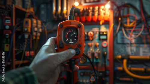 Electricity and electrical maintenance service, Engineer hand holding AC voltmeter checking electric current voltage. hyper realistic 