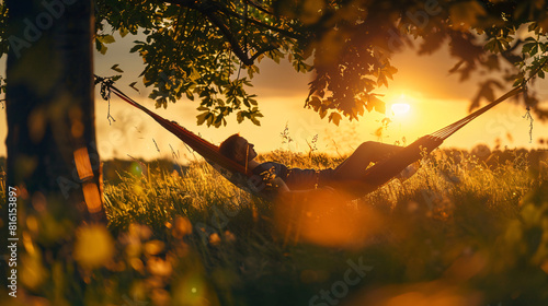 Fototapeta Naklejka Na Ścianę i Meble -  Person Relaxing in Hammock Amidst Forest Trees
Individual Lounging in Hammock During Summer in Meadow
Woman Resting in Hammock in Sunlit Woodland
Man Reclining in Hammock Surrounded by Nature