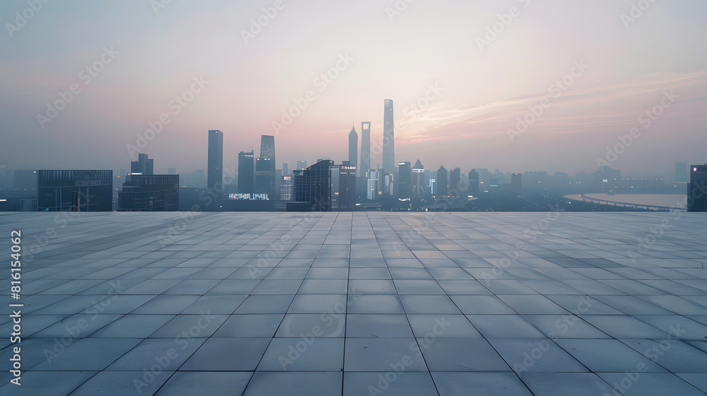 Empty square floor and city skyline with modern commercial buildings in Hangzhou China : Generative AI Empty square floor and city skyline with modern commercial buildings in Hangzhou China : Generative AI