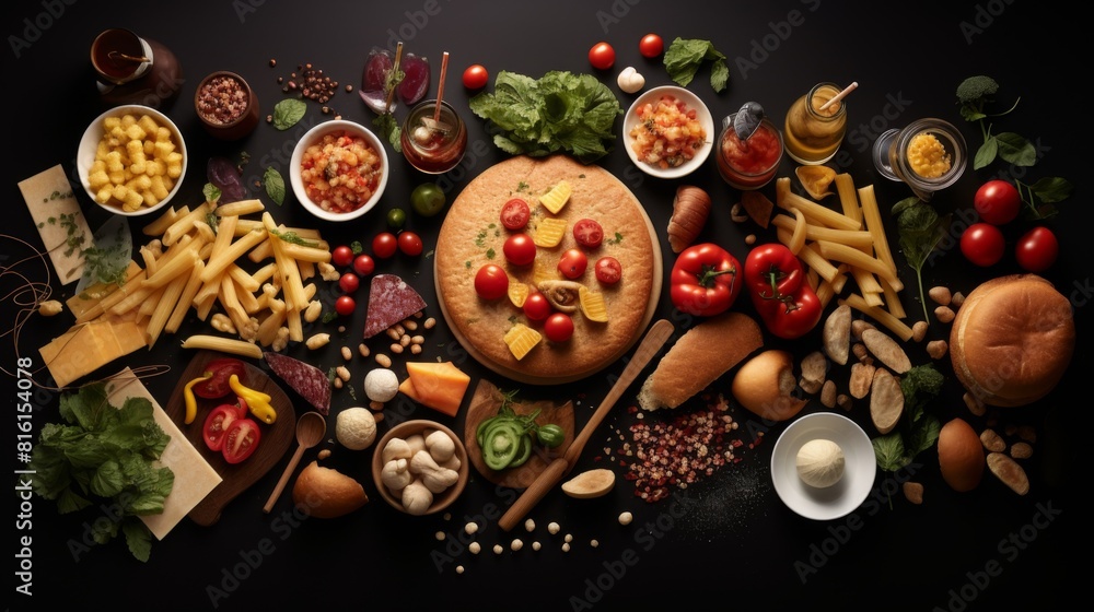 A flat lay of various foods including cheese, bread, pasta, and vegetables artistically arranged on a dark surface A flat lay of various foods including cheese, bread, pasta, and vegetables artistically arranged on a dark surface