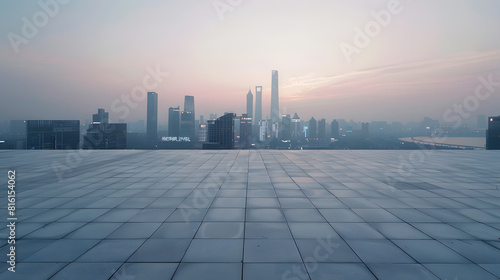 Empty square floor and city skyline with modern commercial buildings in Hangzhou China   Generative AI