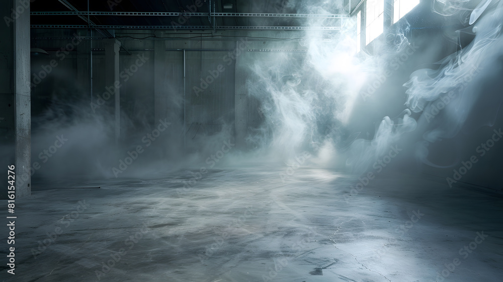 Empty concrete room or garage with smoke or steam on the floor : Generative AI Empty concrete room or garage with smoke or steam on the floor : Generative AI