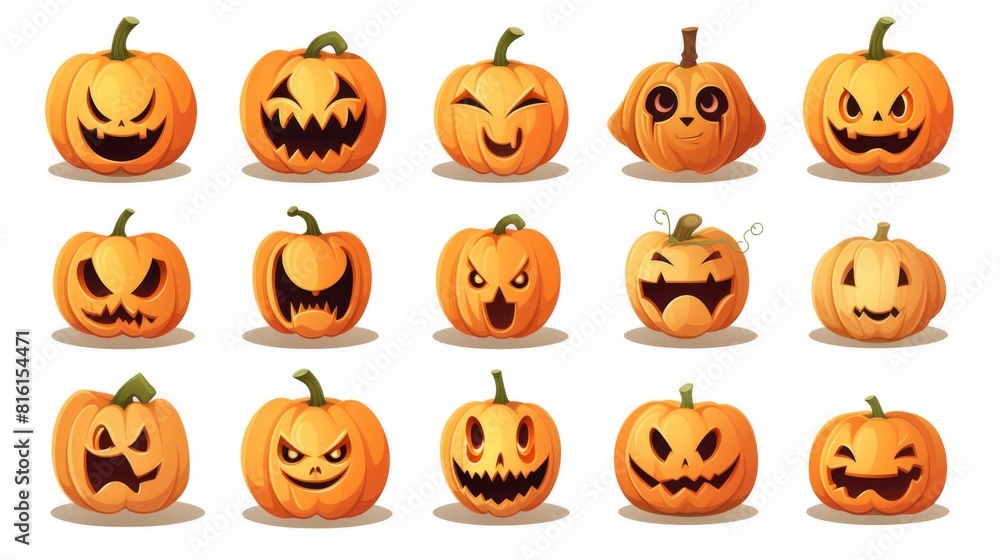 A set of pumpkin carvings showcasing a range of emotions, ideal for festive Halloween decorations or themes A set of pumpkin carvings showcasing a range of emotions, ideal for festive Halloween decorations or themes