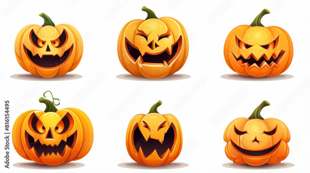 Illustration featuring six different Jack-o'-lantern expressions ranging from scary to smiling, evoking the Halloween spirit Illustration featuring six different Jack-o'-lantern expressions ranging from scary to smiling, evoking the Halloween spirit