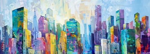 A vivid abstract painting featuring a bustling cityscape with skyscrapers and a lively palette photo