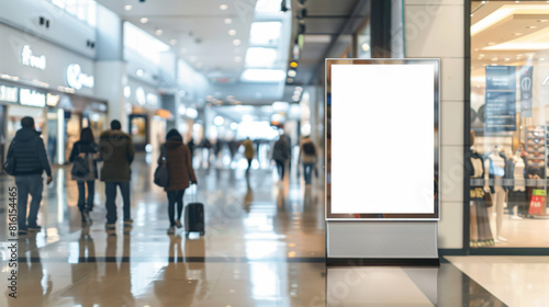 A blank white digital billboard in an airport, people walking, blurry background of the interior mall with luxury stores and food cabins. The frame is square shaped