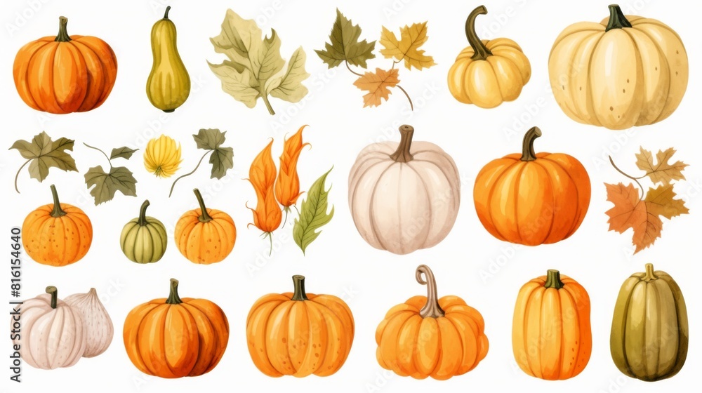 An illustrative assortment of different pumpkin varieties and fall foliage An illustrative assortment of different pumpkin varieties and fall foliage