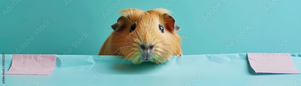 An intrigued guinea pig gazes playfully from behind a lavender banner against a soft aqua backdrop An intrigued guinea pig gazes playfully from behind a lavender banner against a soft aqua backdrop