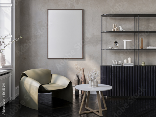 Poster frame mockup in modern home interior background, 3d render photo