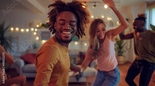 Smiling friends dancing at home hyper realistic 
