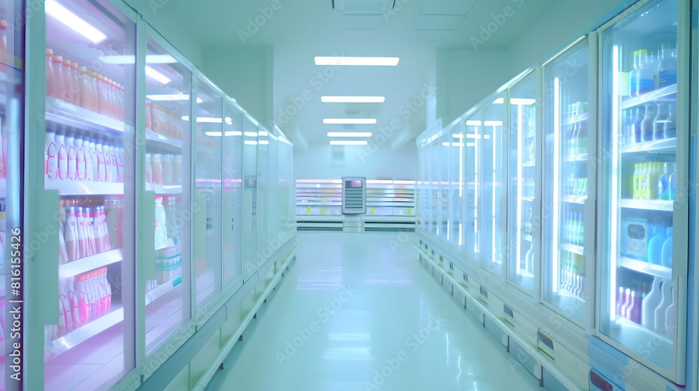 Fototapeta premium Empty supermarket aisle with freezers showcases with different products : Generative AI
