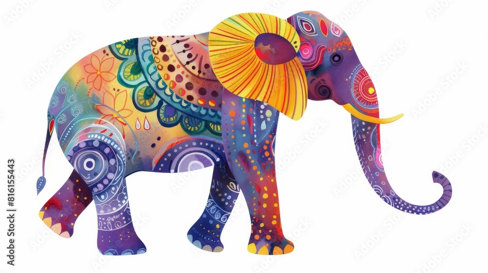 Obraz premium This vibrant image features an elephant with intricate patterns and bold colors, embodying a fusion of traditional and modern art styles