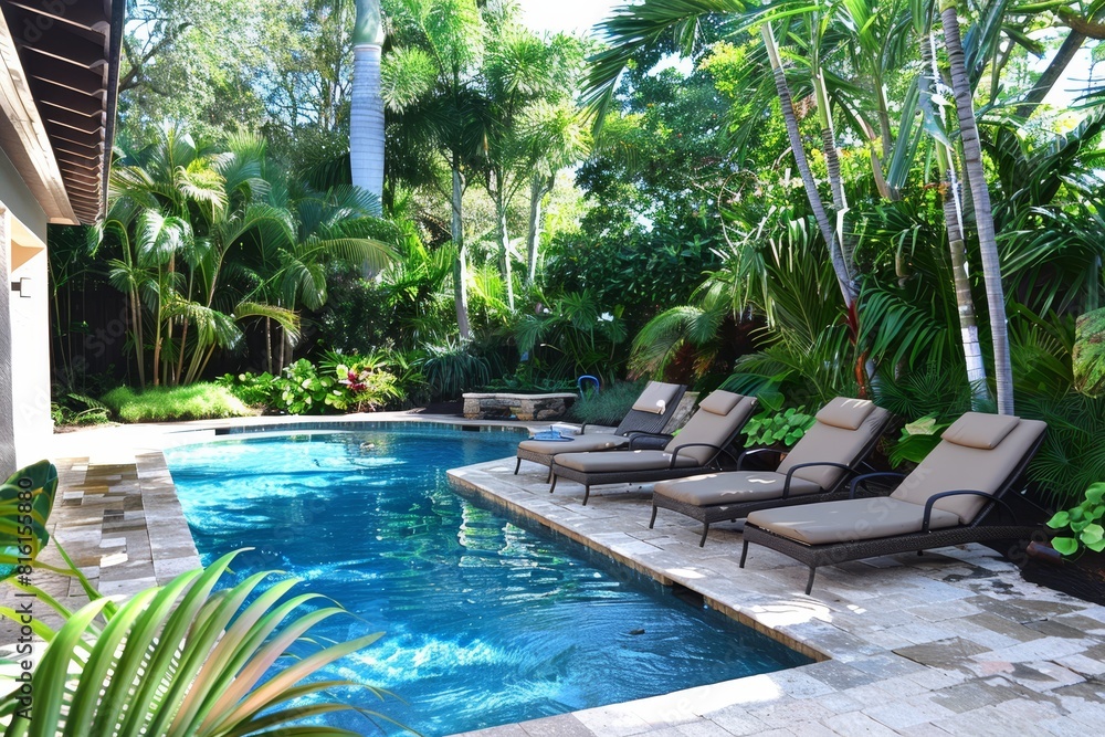 Luxurious backyard pool area with loungers surrounded by lush tropical plants