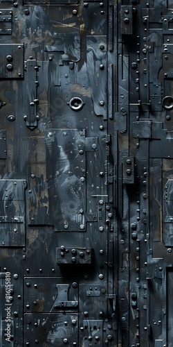 A close-up image featuring a highly detailed metal door texture, showcasing rivets, bolts, and distressed paint