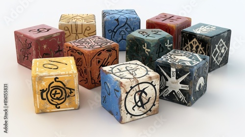 3d modelDesign a set of custom dice featuring unique symbols and artwork for a fictional game.isolated on white background