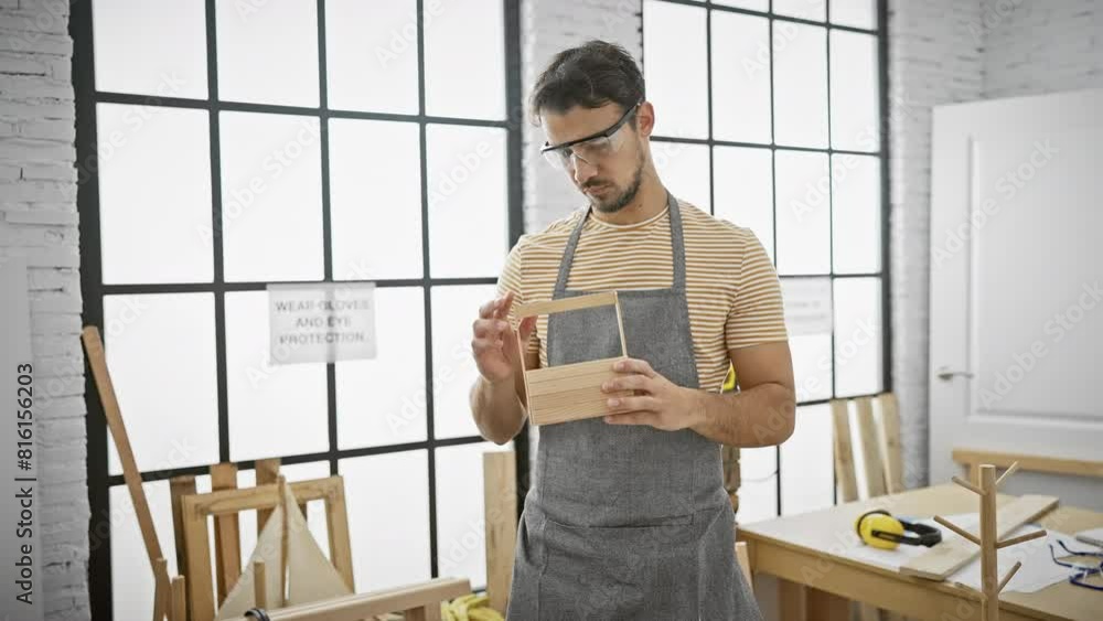 A focused hispanic man inspects a wooden box in a bright workshop. A focused hispanic man inspects a wooden box in a bright workshop.