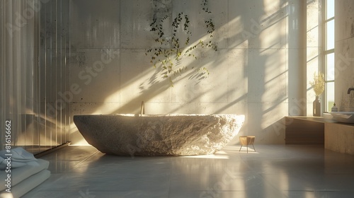 3D Modeling of Minimalist bathroom with large stone bathtub and sun rays filtering through the window Global Illumination