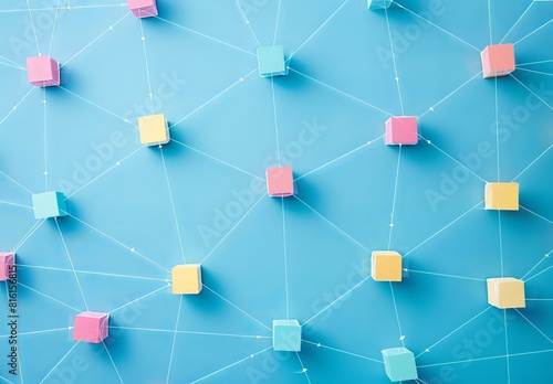 Network concept with colorful connected blocks on a blue background, symbolizing community and structure