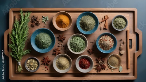Herbal medicine concept with bowls of dried chopper herbs and spices on the wooden tray.