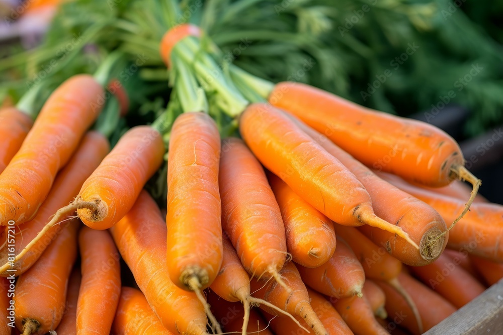 Organic carrots with green tops bundled together, displayed for sale Organic carrots with green tops bundled together, displayed for sale