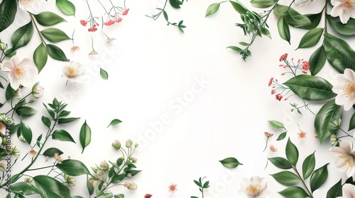 Frame of Flowers and Leaves on White Background