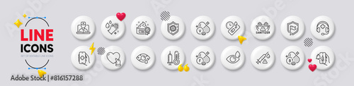 Vanadium mineral, Covid test and Vaccine announcement line icons. White buttons 3d icons. Pack of Thiamine vitamin, Health app, Eye drops icon. Clean hands, Shield, Fluorine mineral pictogram. Vector