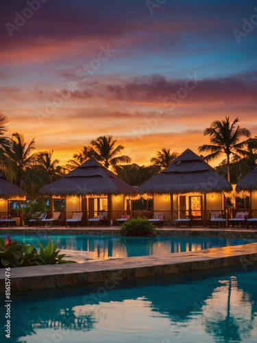 Tropical Oasis, Sunset View of Resort Pool and Huts