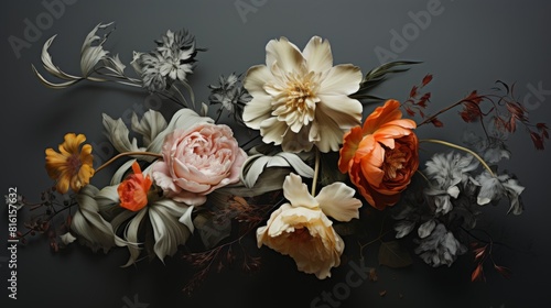 An artful composition of various flowers in muted tones, creating a sophisticated and reflective visual aesthetic that evokes serenity and gracefulness