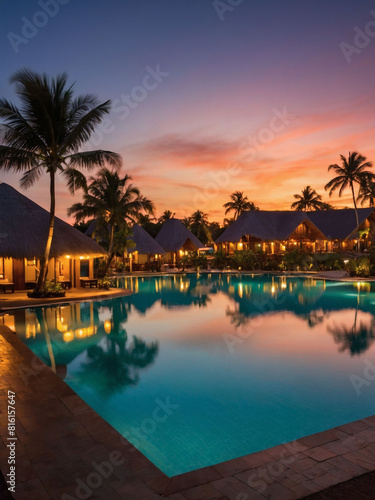 Tropical Oasis, Sunset View of Resort Pool and Huts © xKas