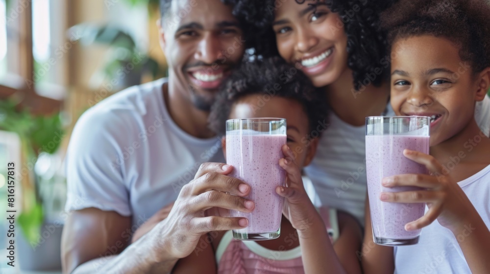 A joyful family enjoying homemade fruit smoothies together, highlighting the importance of family bonding A joyful family enjoying homemade fruit smoothies together, highlighting the importance of family bonding