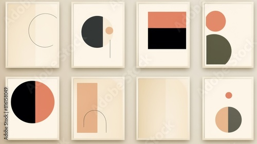 A curated collection of minimal geometric art patterns featuring simple shapes and a soothing color palette perfect for modern home decor © Damerfie