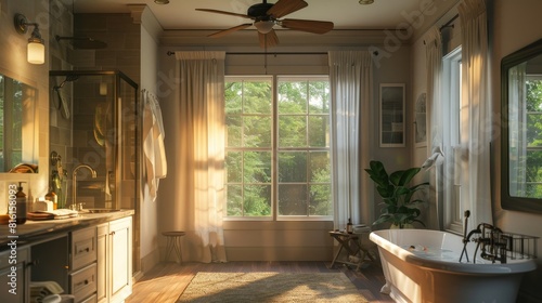 Bathroom with ceiling fans and open windows letting in warm summer airphoto realistic, natural lighting, high resolution photography photo