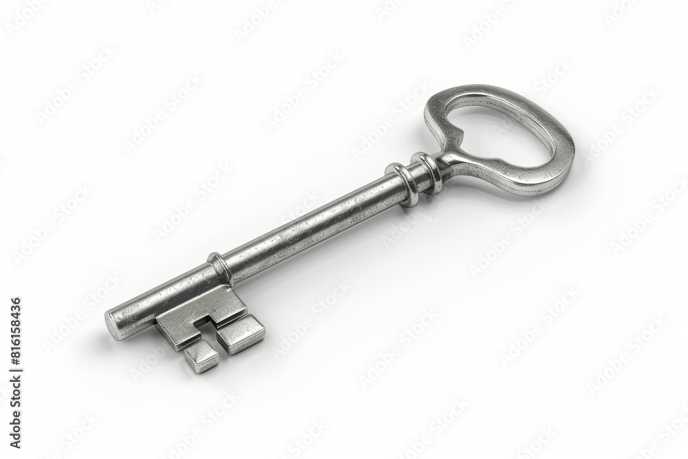A shiny silver key isolated on a clean white background, separated from the environment, with no background. Concept of access and security. Generative Ai. A shiny silver key isolated on a clean white background, separated from the environment, with no background. Concept of access and security. Generative Ai.